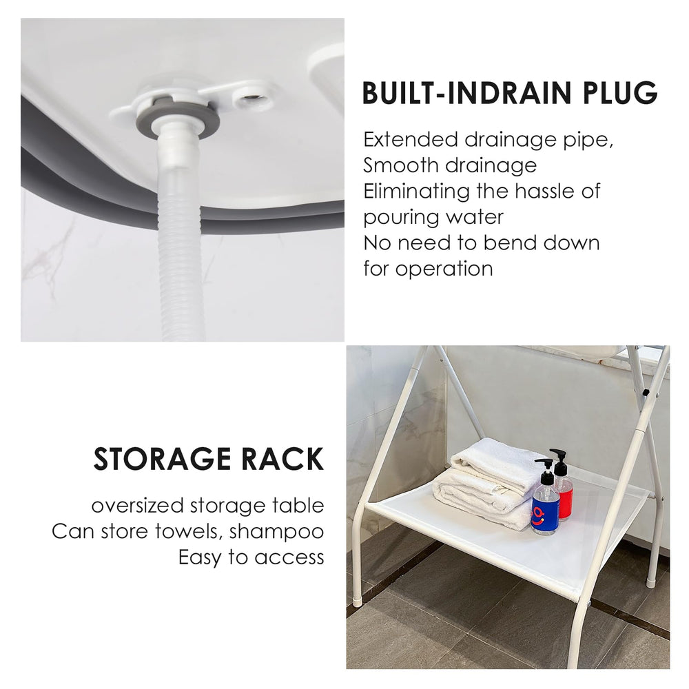 Beberoad Pets storage table keeps shampoos within reach during grooming.