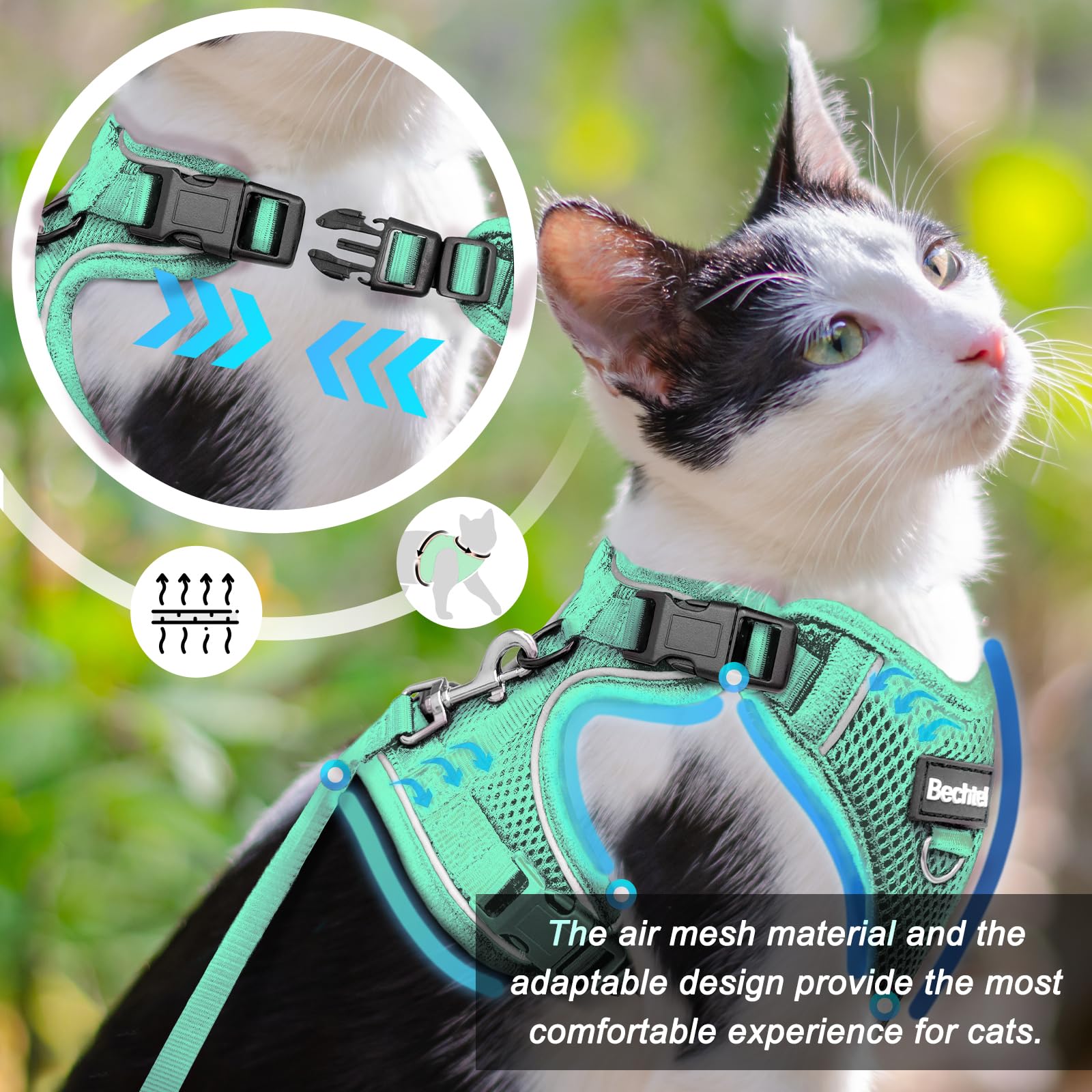 BECHTEL cat harness four-direction fit enables precise sizing.