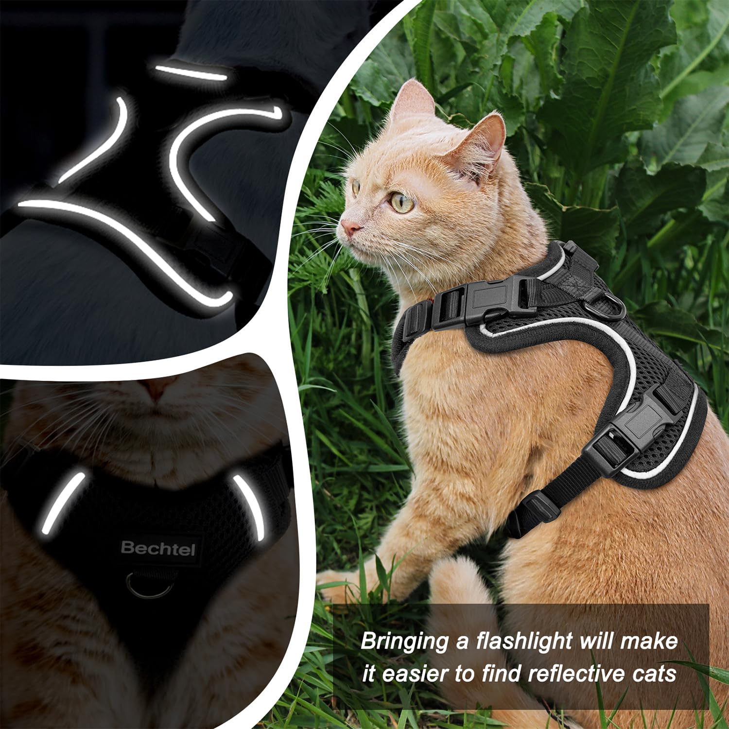 BECHTEL cat harness reflective strips increase visibility for evening walks and dawn outings