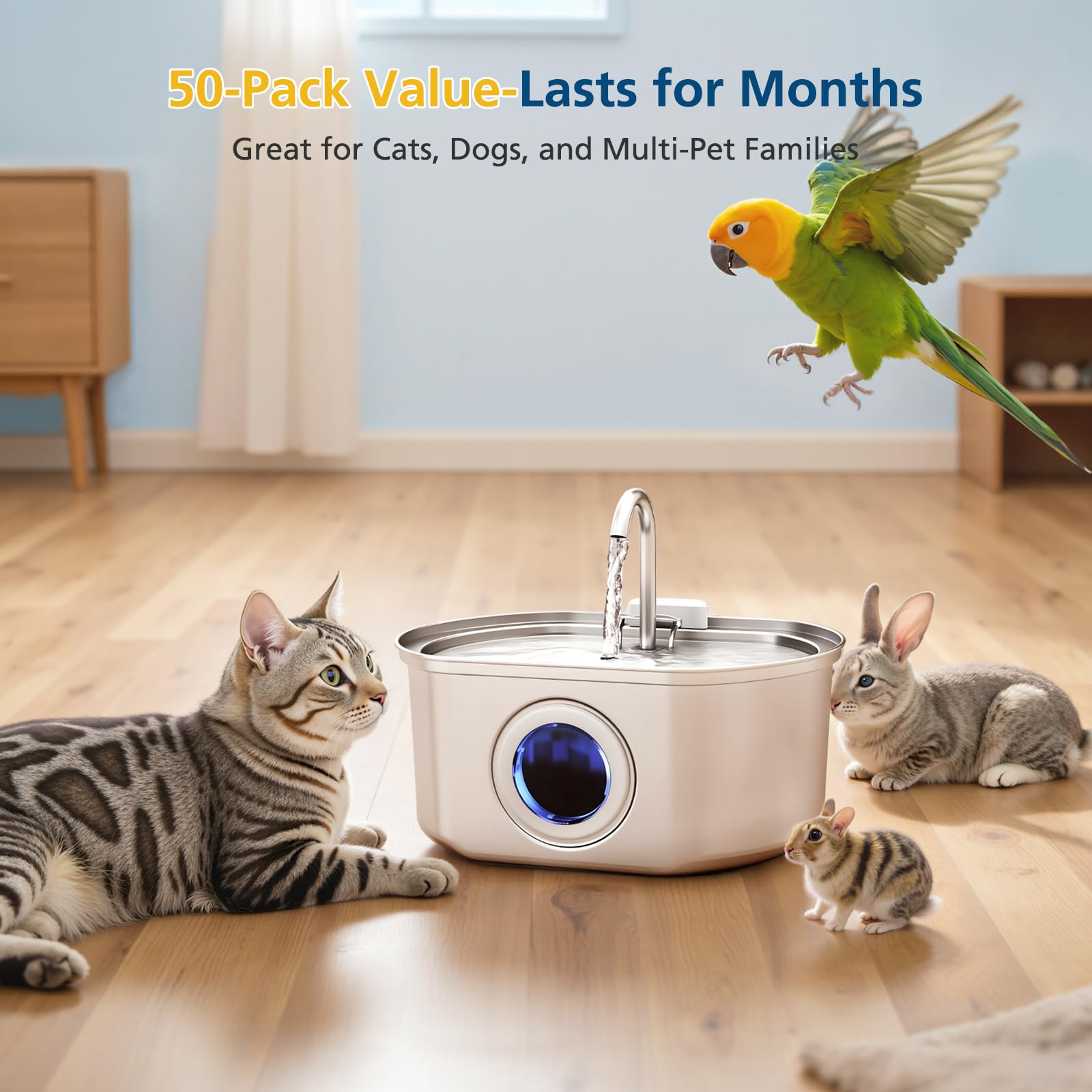 Beckacher adjustable water flow demonstrates customizable drinking levels for pets.
