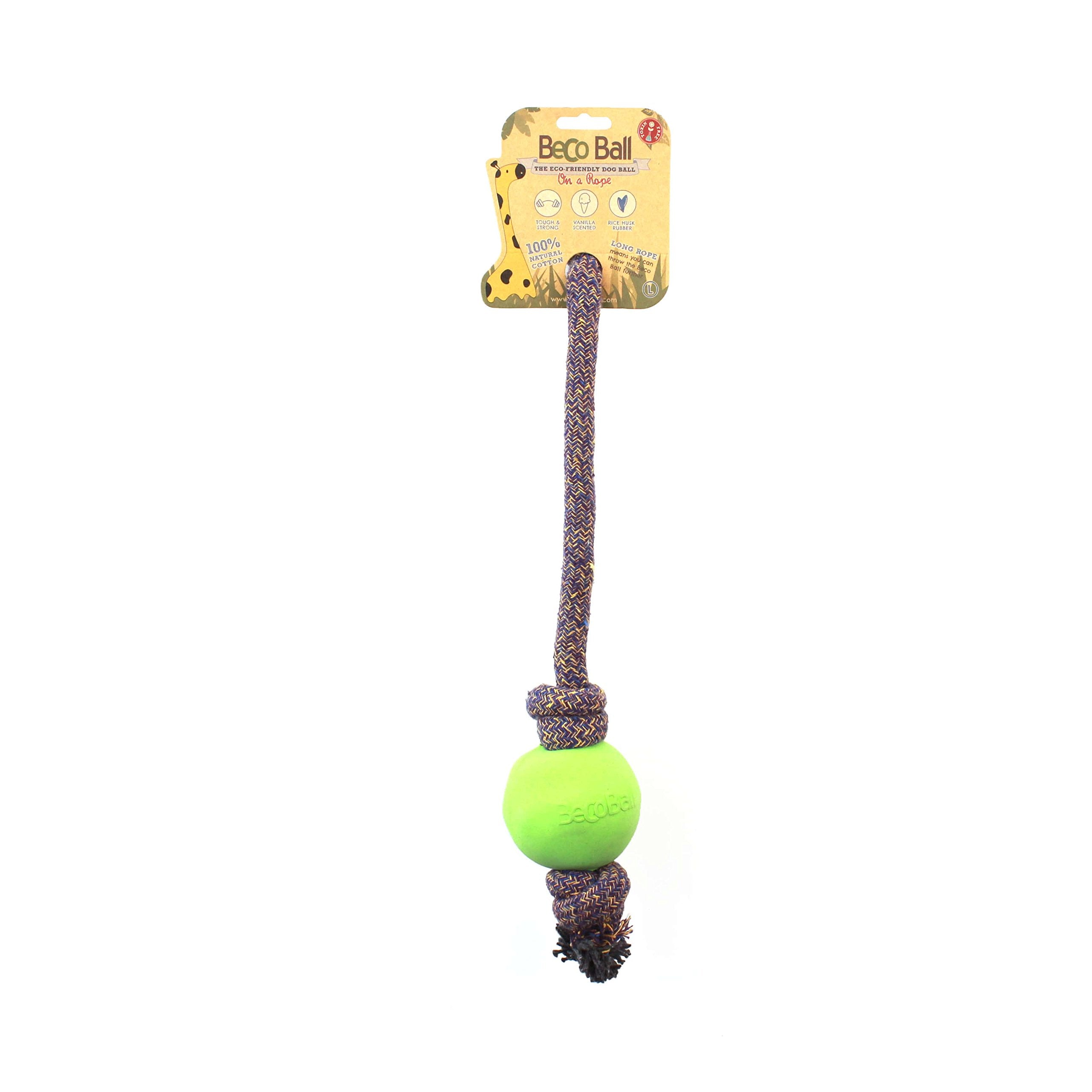 Beco Rubber Ball on Rope Dog Toy — green ball for long throws and durability.