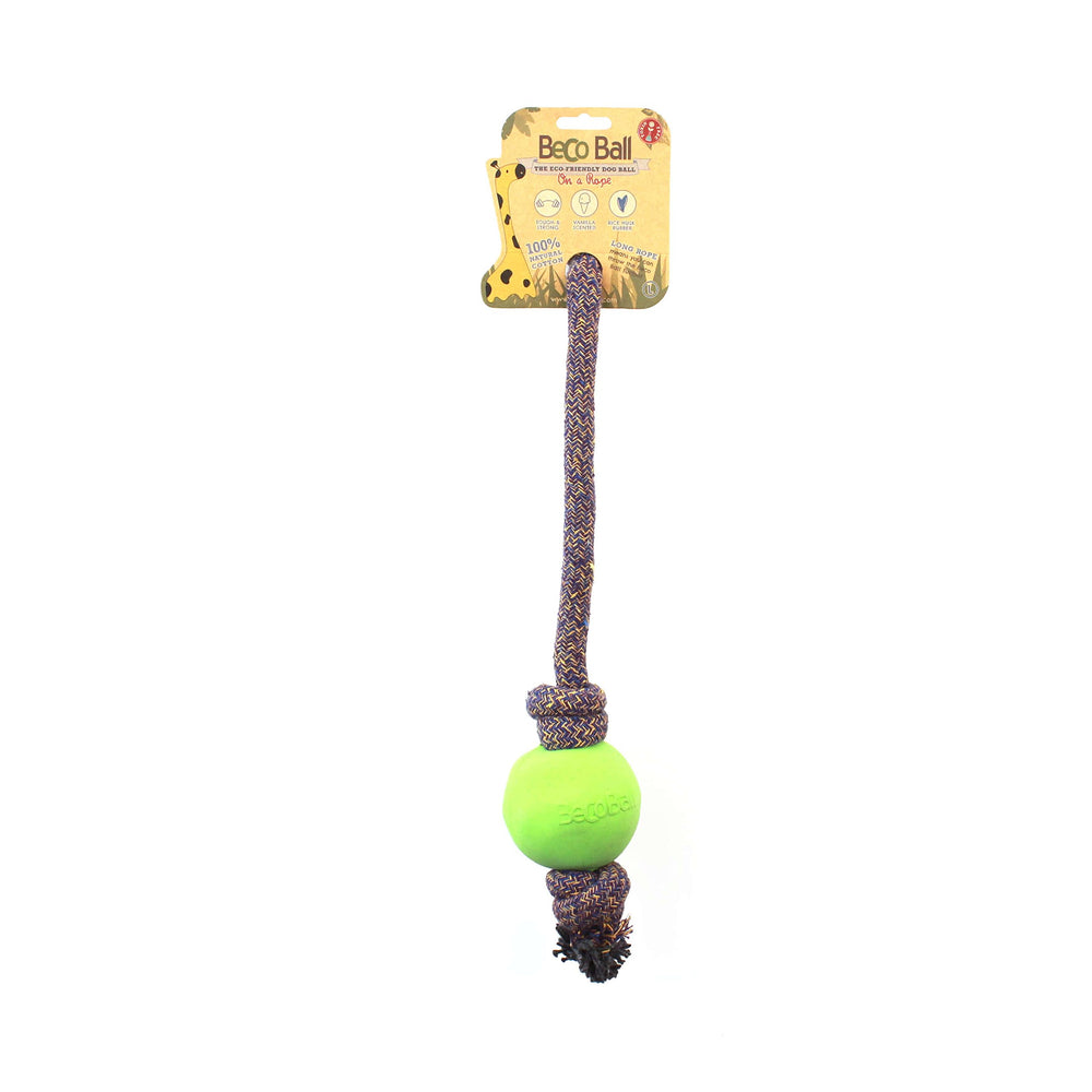 Beco Rubber Ball on Rope Dog Toy — green ball for long throws and durability.