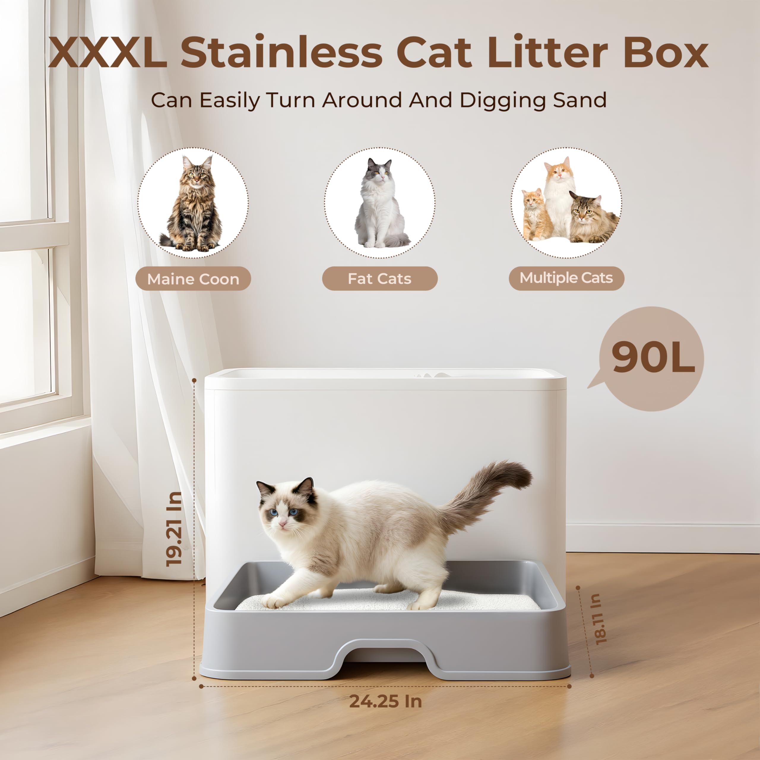 BeComfee stainless steel box with drawer simplifies scooping and maintenance.