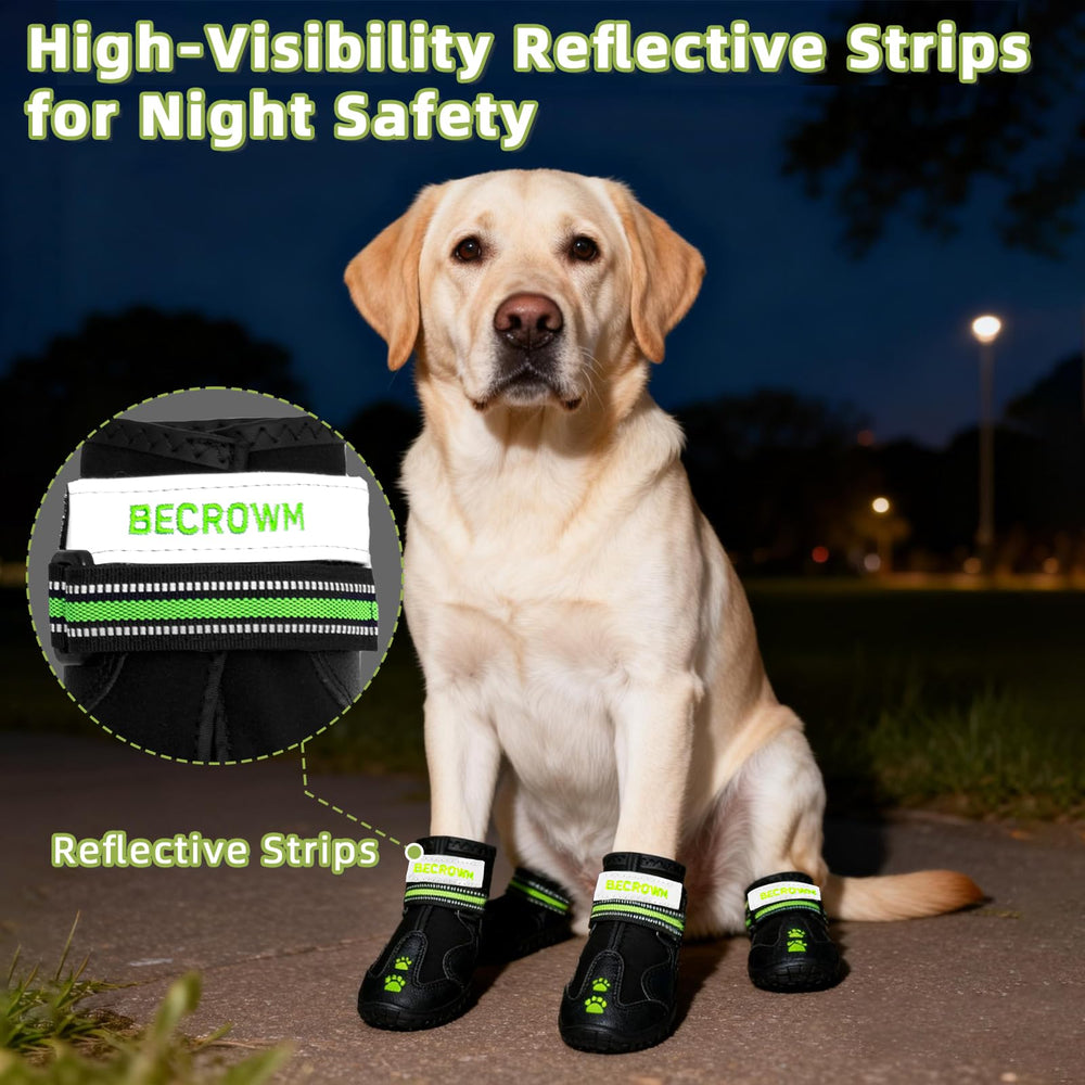 BECROWM dog shoes reflective-strap-night-safety improves nighttime visibility.