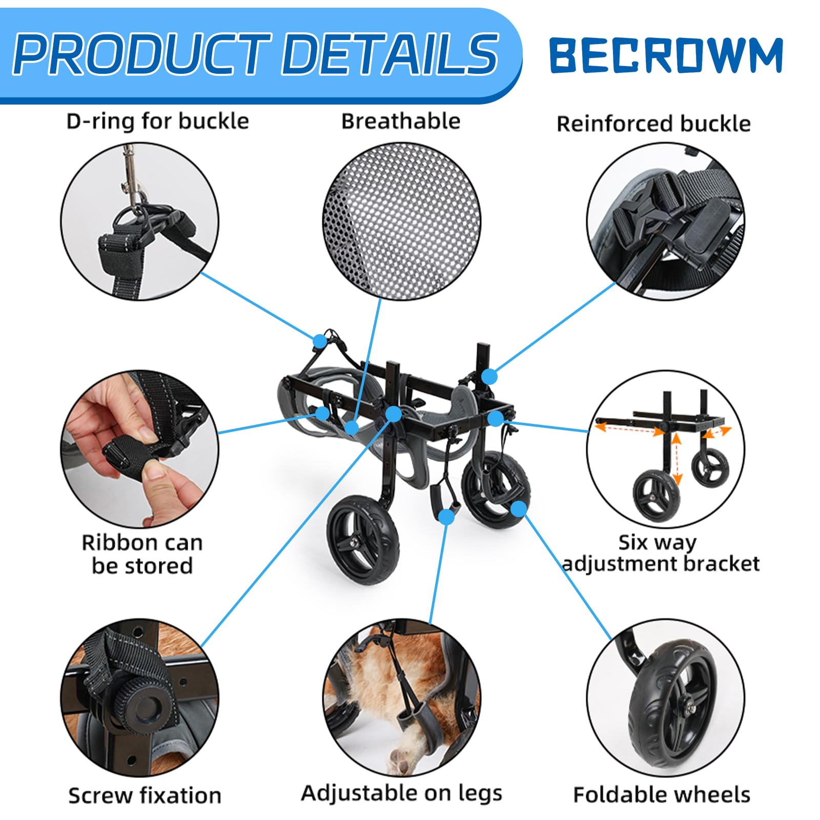 BECROWM dog wheelchair easy assembly buckles for quick setup and adjustments