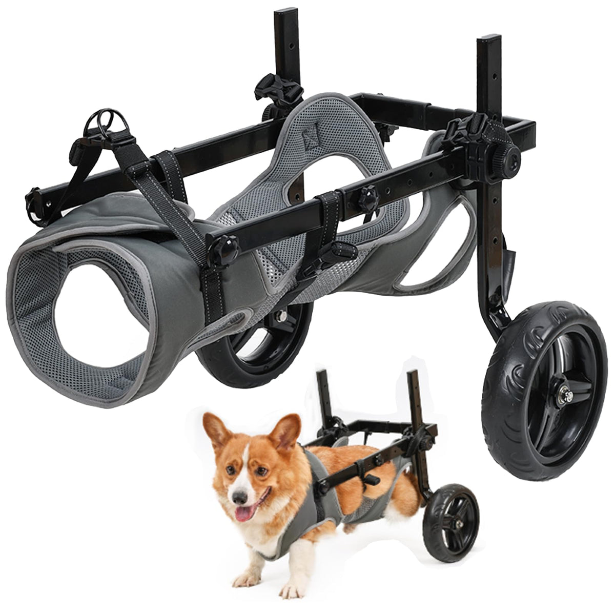 BECROWM dog wheelchair side view with rear-wheel support for hind-leg mobility