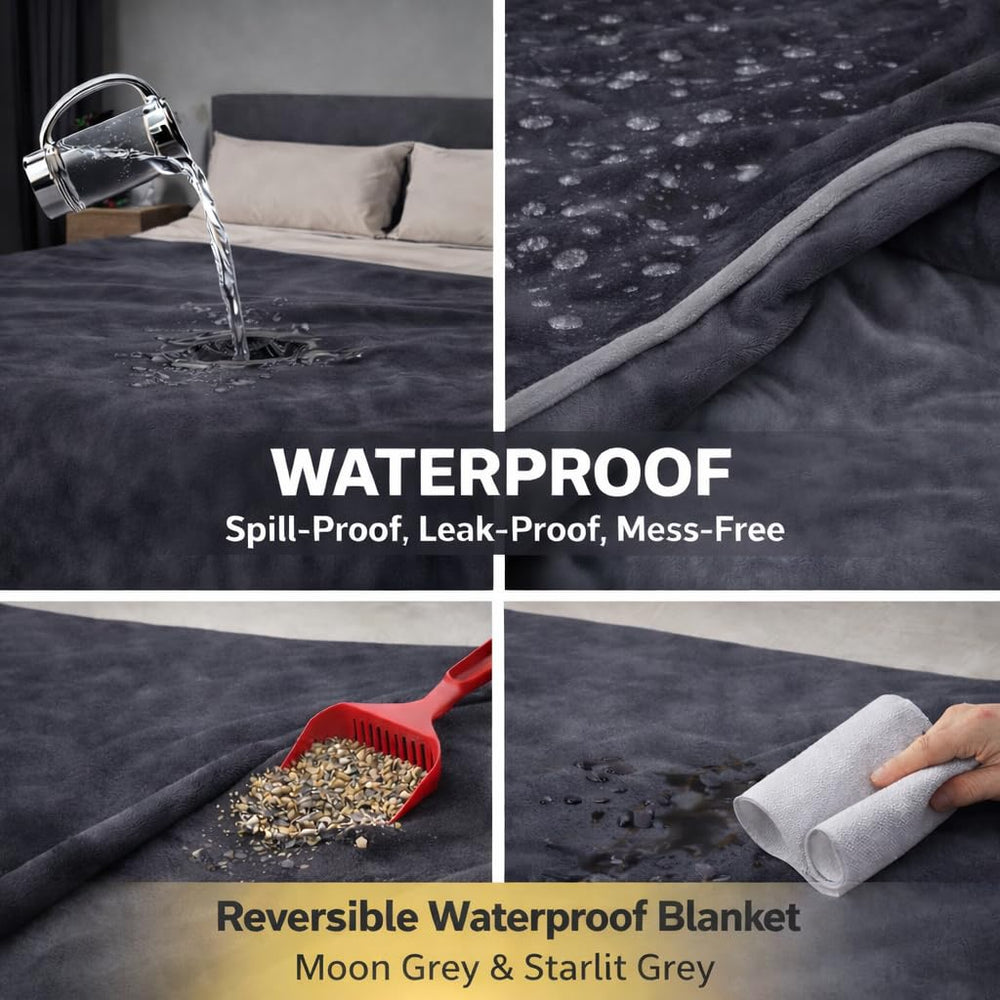 Bedding Aid king-size waterproof blanket moon grey reverse design shows versatile room styling