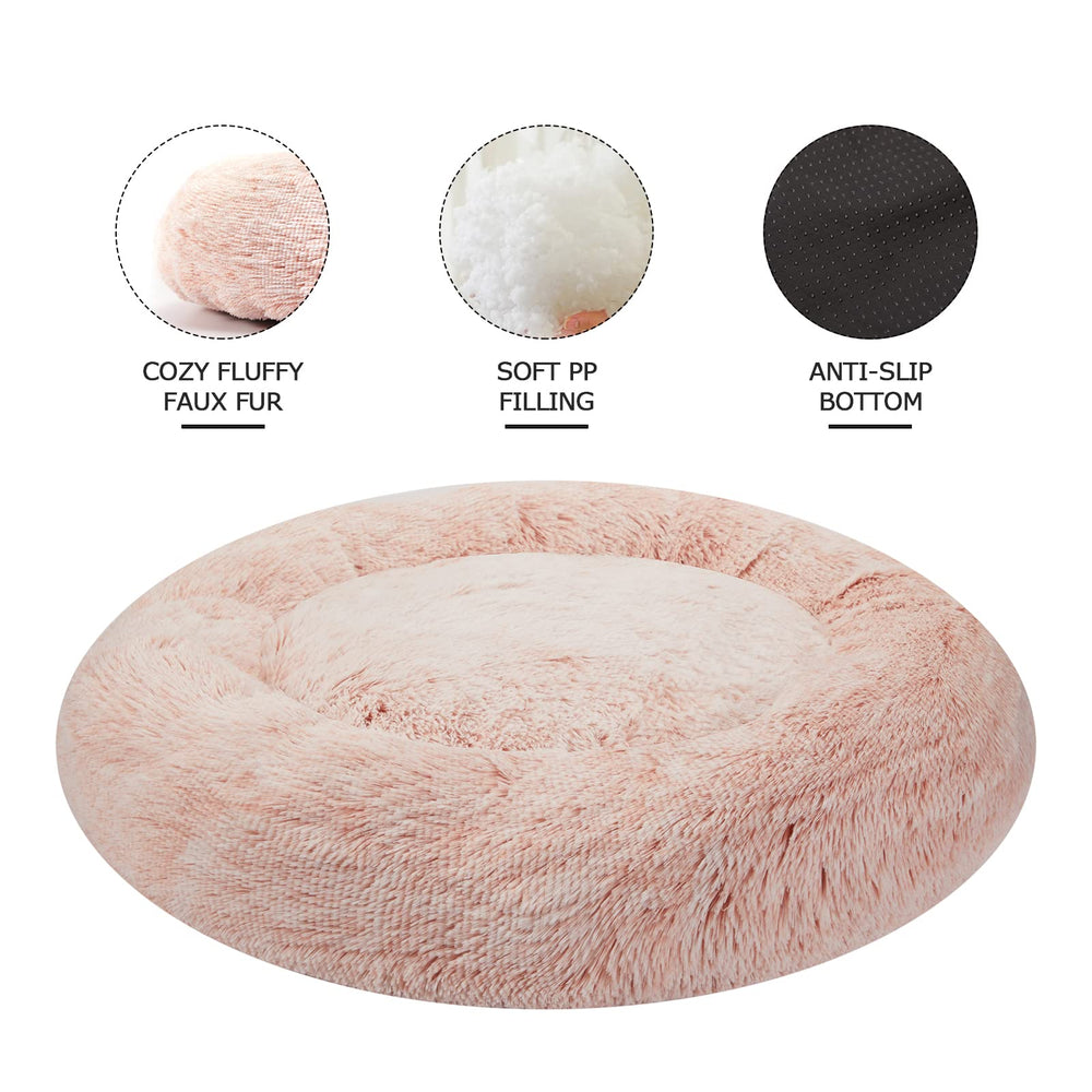 Bedfolks Calming Donut Dog Bed pink raised rim provides neck support and security