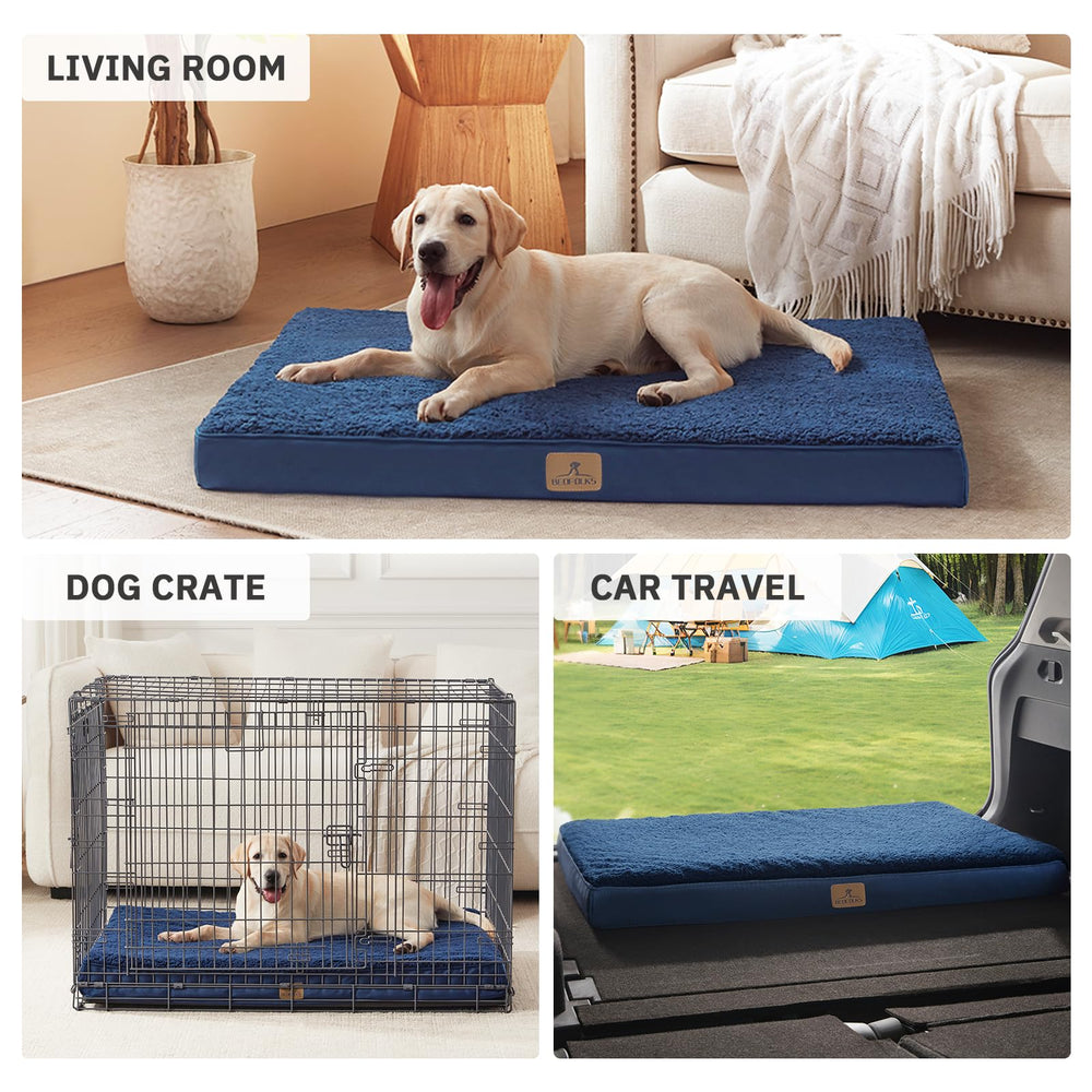 Bedfolks dog bed in car and living room setup for versatile use.