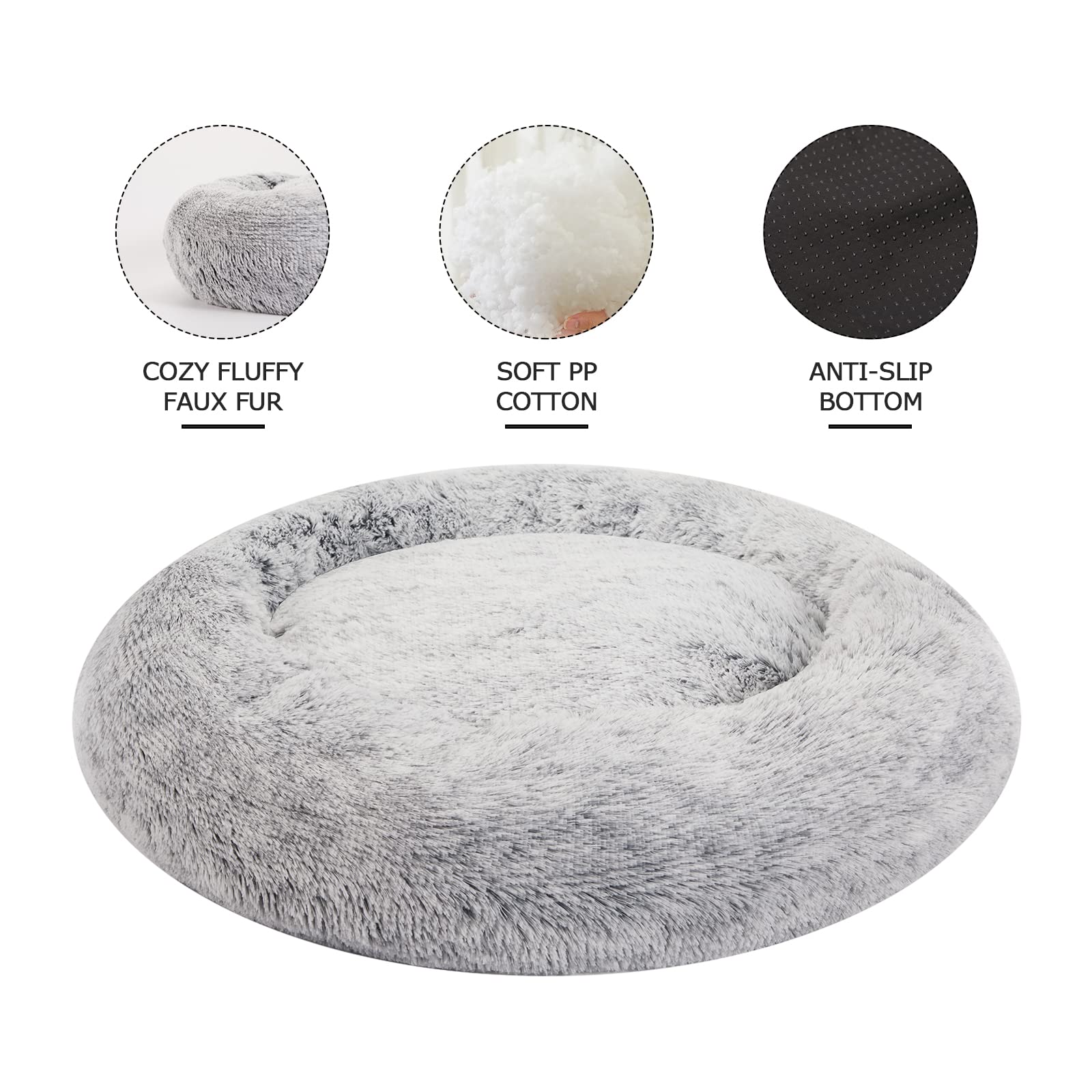 Bedfolks donut bed neck support rim helps dogs rest their head securely.