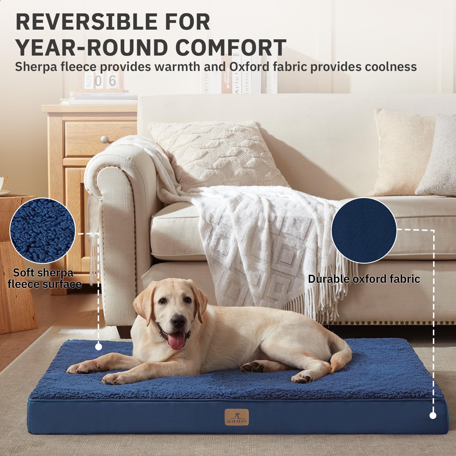 Bedfolks extra-large navy dog bed with Sherpa cover for plush comfort.