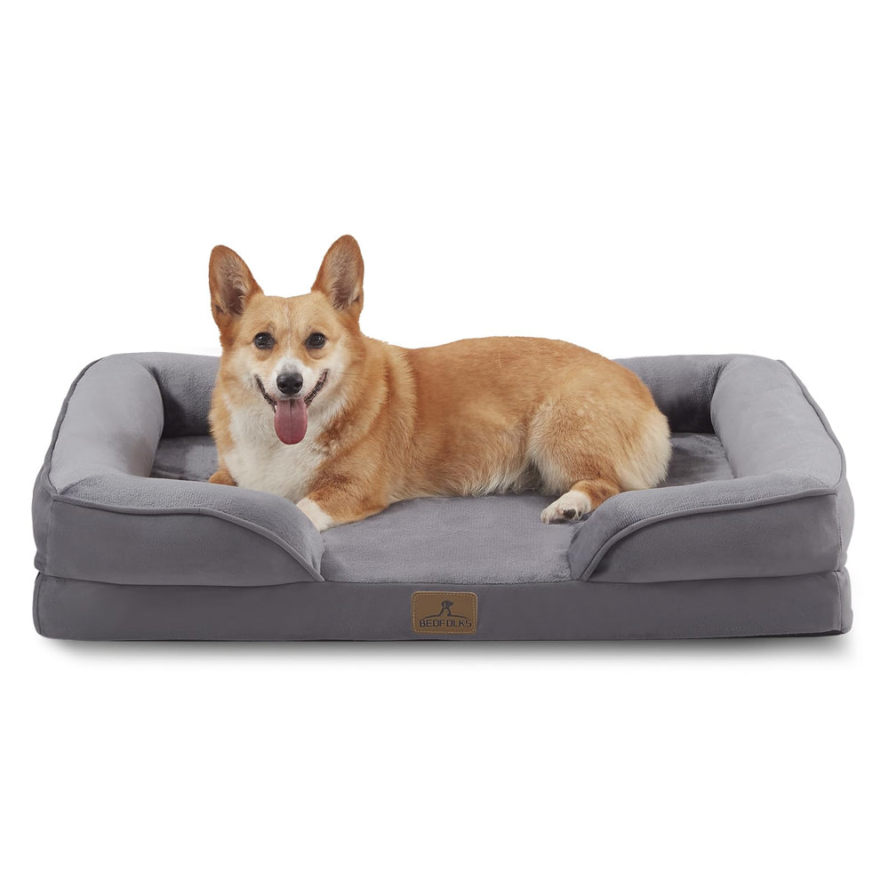 Bedfolks orthopedic dog bed front view shows ergonomic design for comfortable lounging.