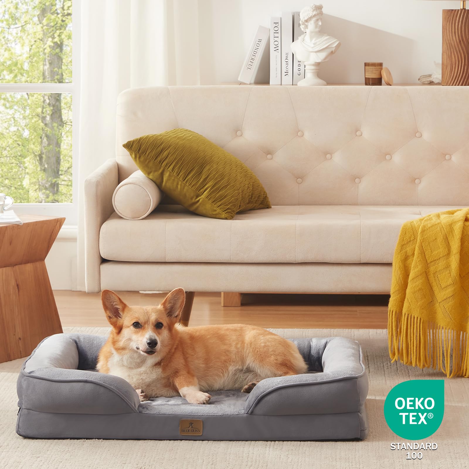 Bedfolks orthopedic dog bed in dark grey blends with home décor for a cozy retreat.