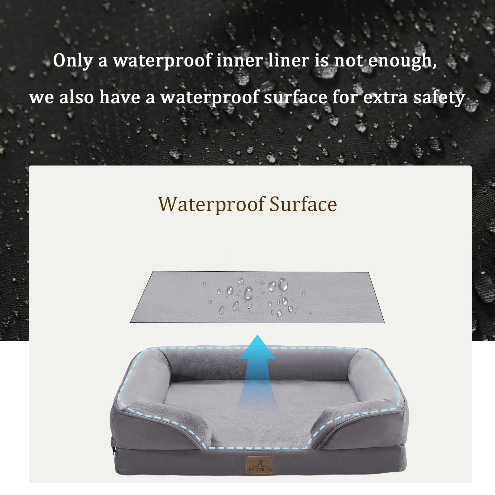 Bedfolks orthopedic dog bed rear view emphasizes non-slip bottom stability.