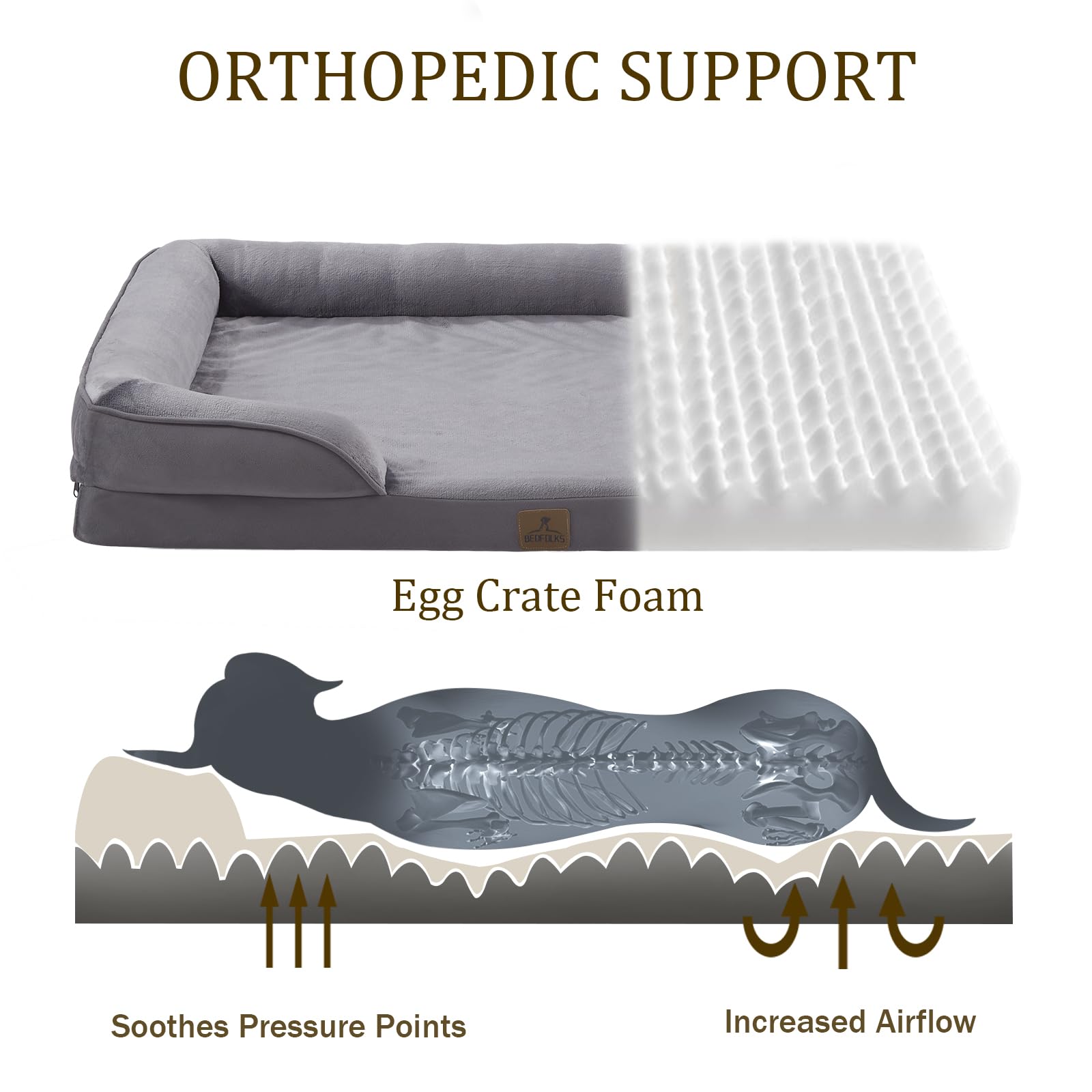 Bedfolks orthopedic dog bed side view highlights four-sided bolster for neck support.