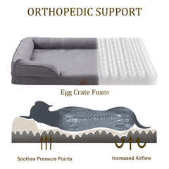 Bedfolks orthopedic dog bed side view highlights four-sided bolster for neck support.