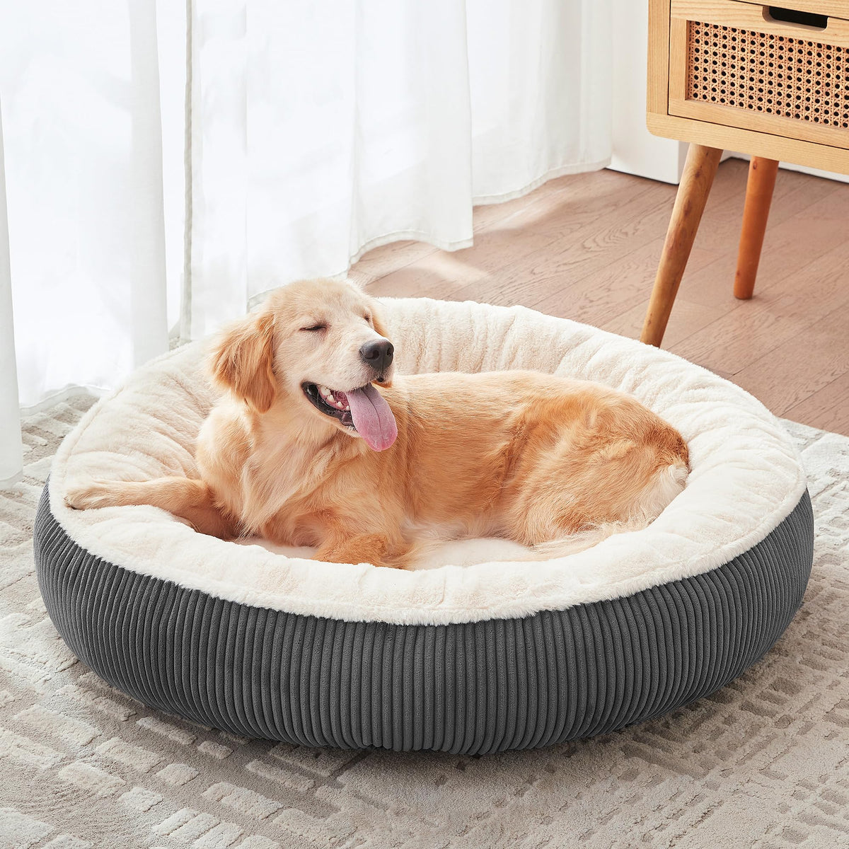 BedStill donut dog bed dark grey plush fur for cozy comfort
