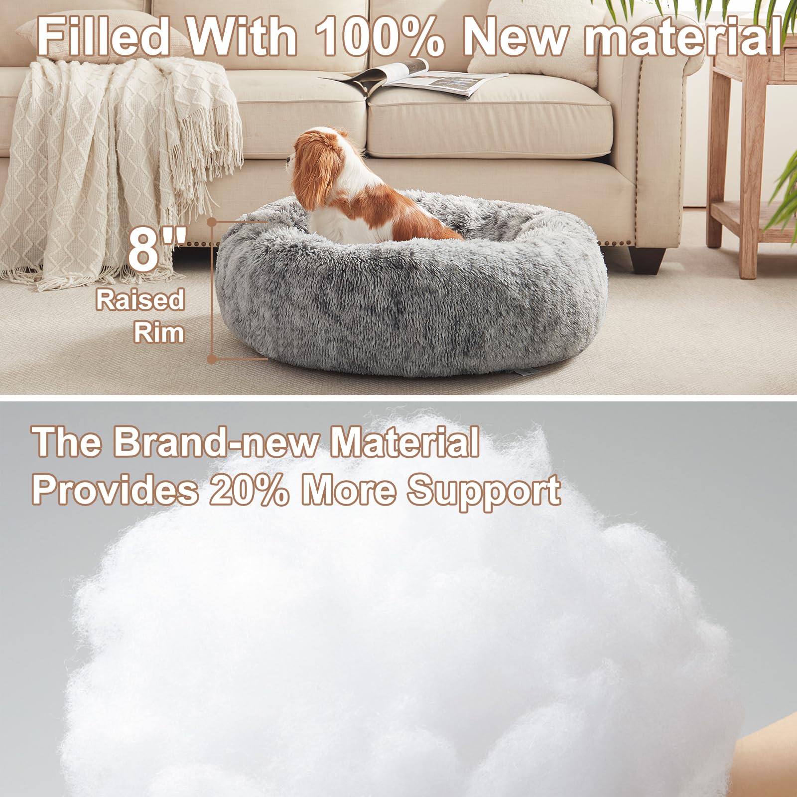 BedStill donut dog bed fluffy plush detail emphasizes cozy joint support.