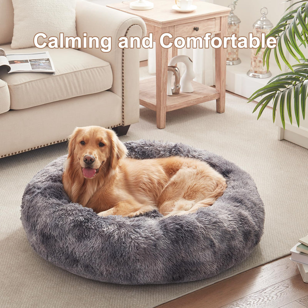 BedStill donut dog bed plush fur close-up highlighting softness and joint support.
