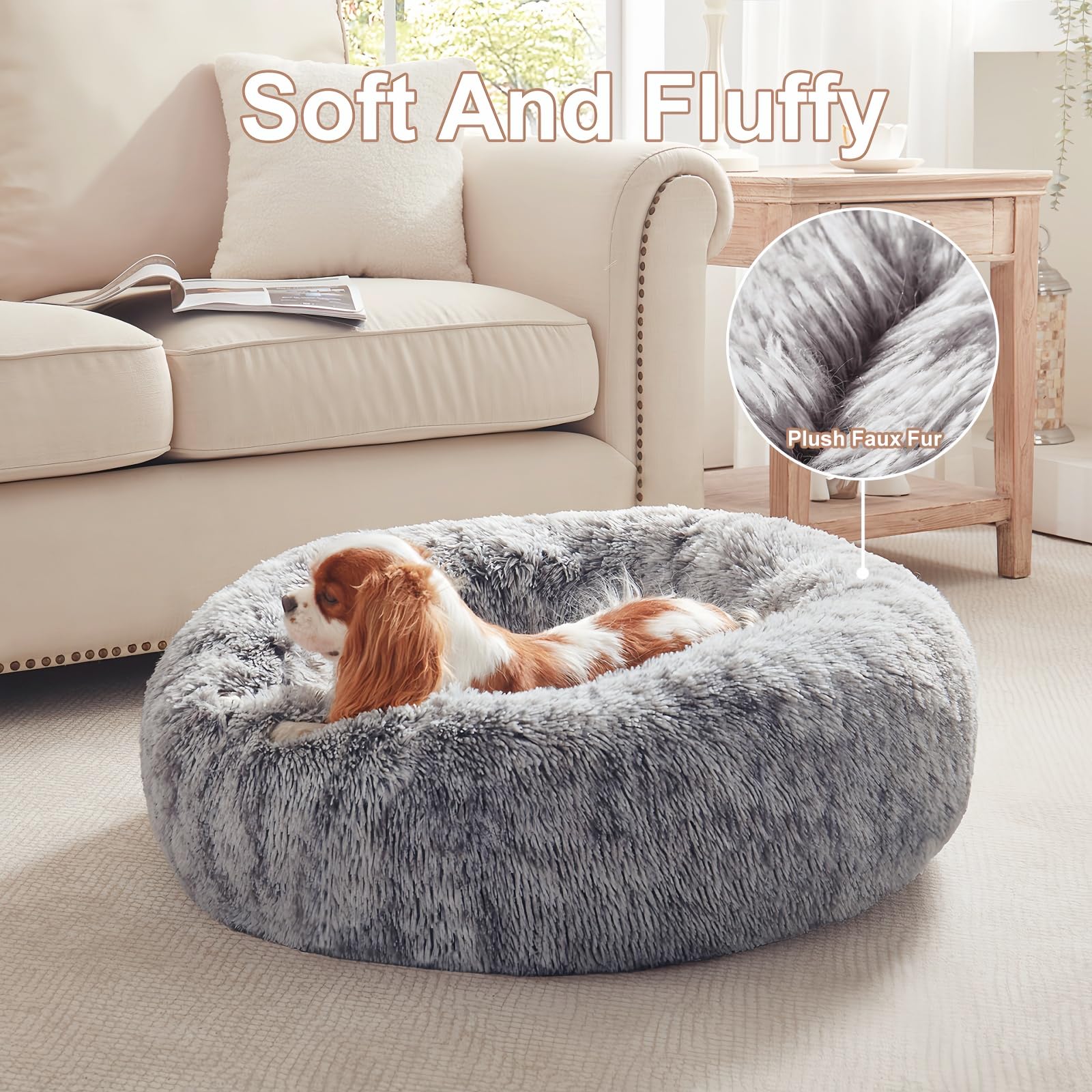 BedStill donut dog bed removable cover closeup demonstrates easy machine-wash cleaning.