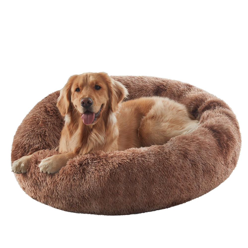 BedStill donut dog bed tie-dye brown front view for calming, secure resting space.