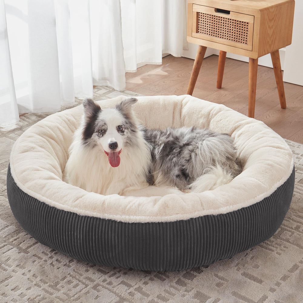 BedStill donut dog bed XL in dark grey showing the round shape for large dogs and supportive feel
