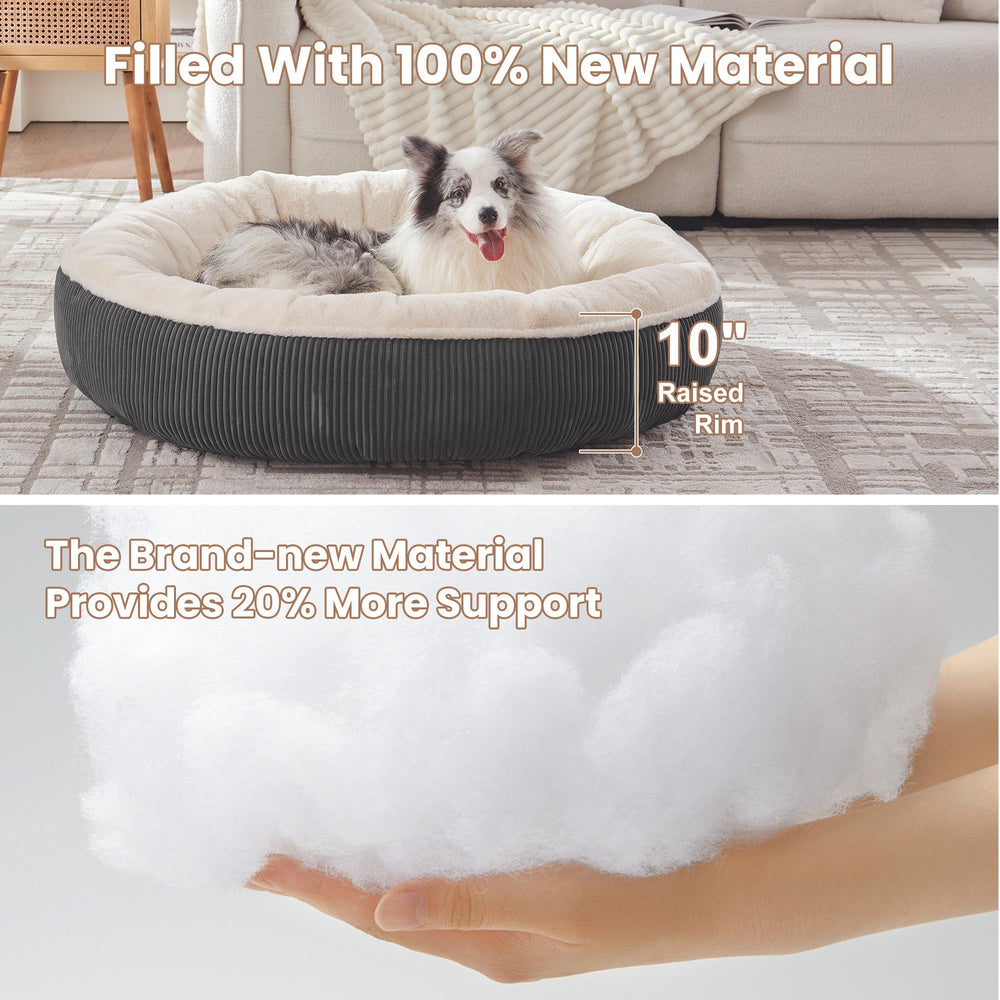 BedStill raised corduroy sides forming a secure, calming perimeter for anxious dogs