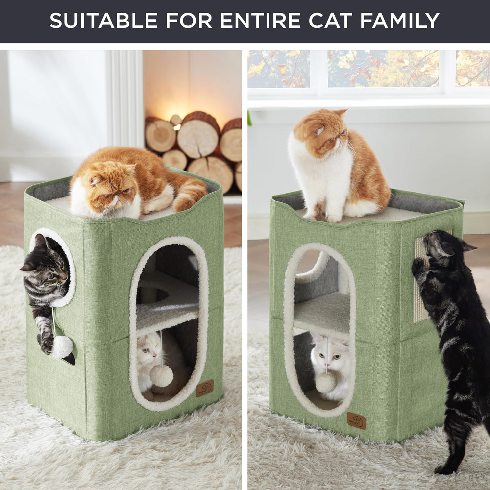 Bedsure 2 Story Cat House fluffy ball adds interactive play.
