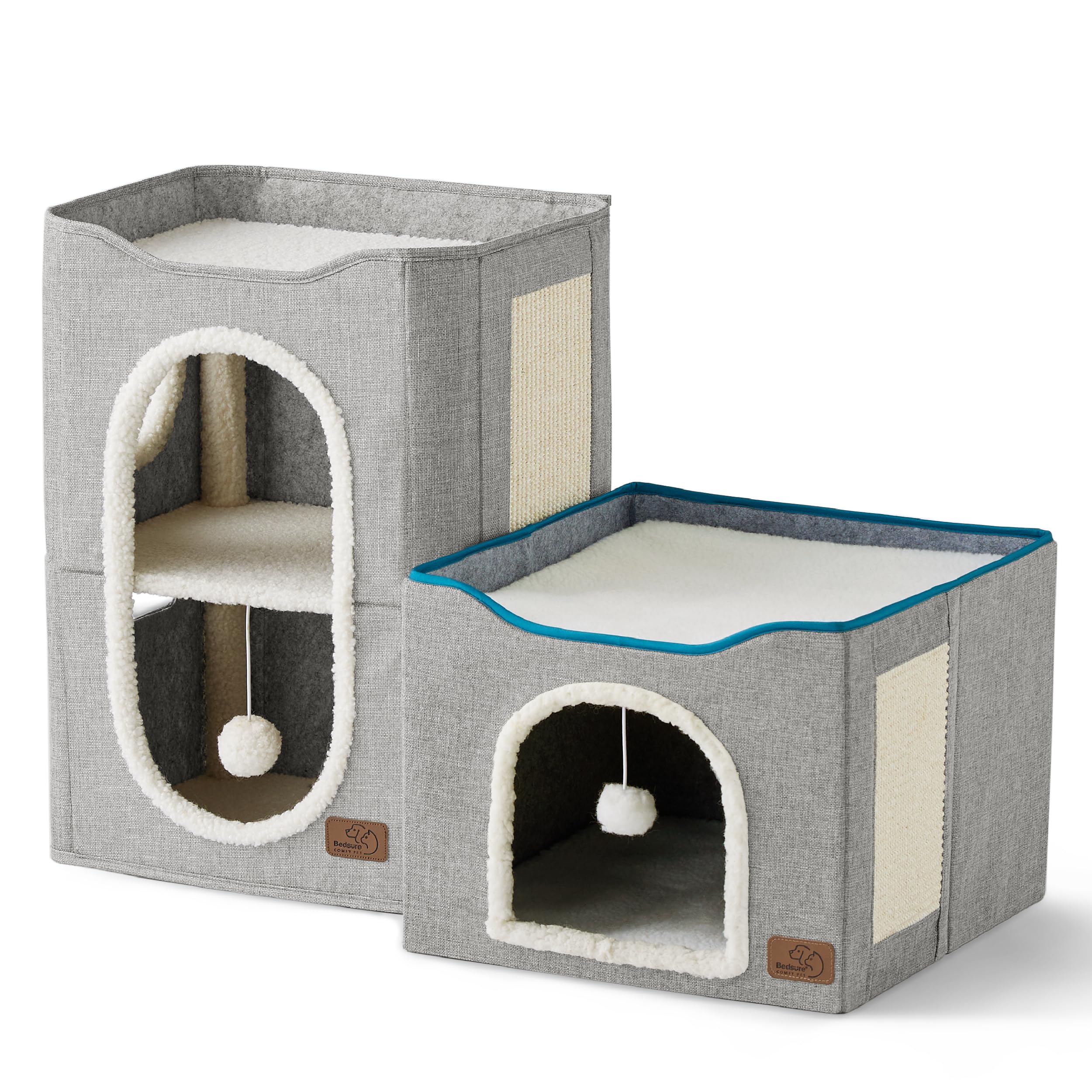 Bedsure 2 Story Cat House in a living room setup showing multi-cat lounging