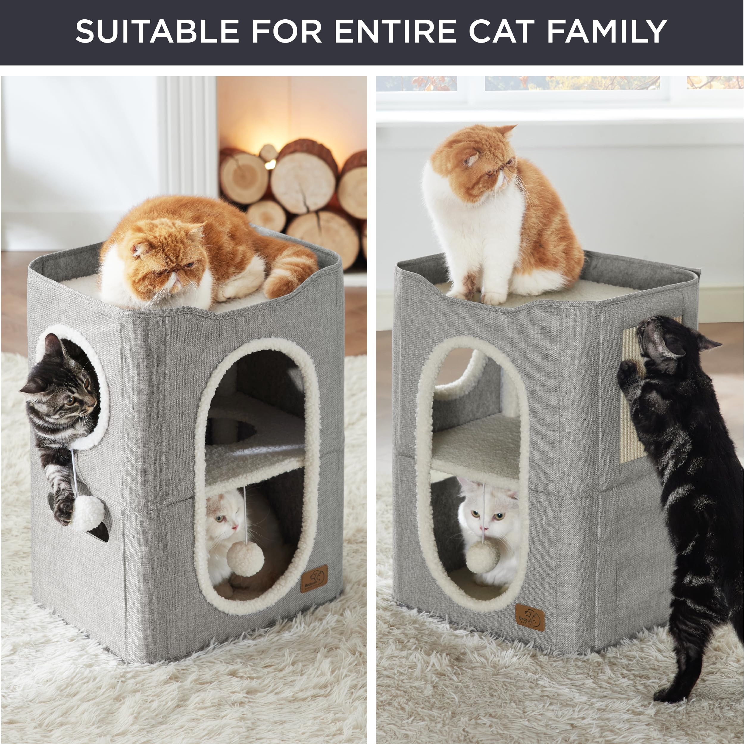 Bedsure 2 Story Cat House interior hideaway with plush lining for comfort