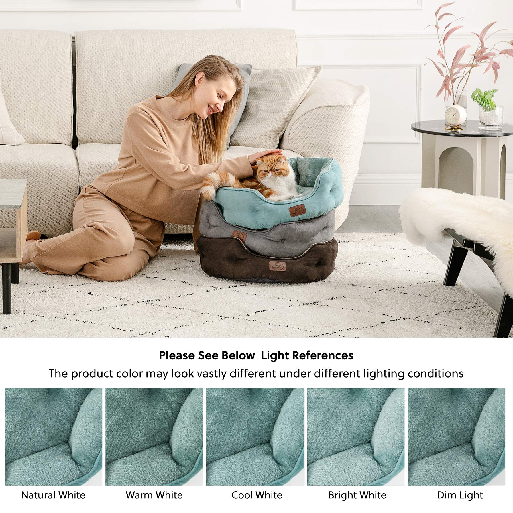 Bedsure 20in round bed in washed blue fits small-pet spaces nicely.