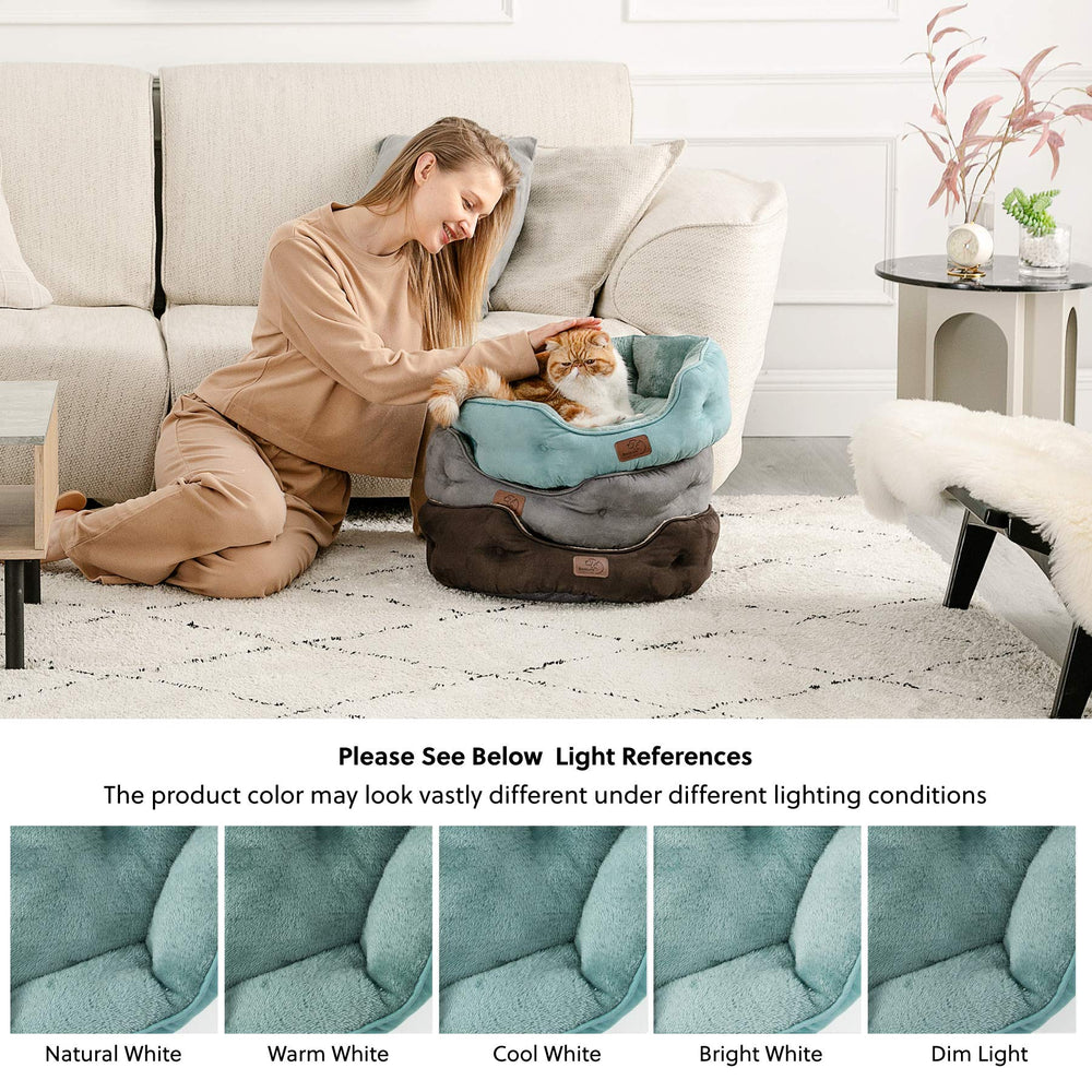 Bedsure 20in round bed in washed blue fits small-pet spaces nicely.