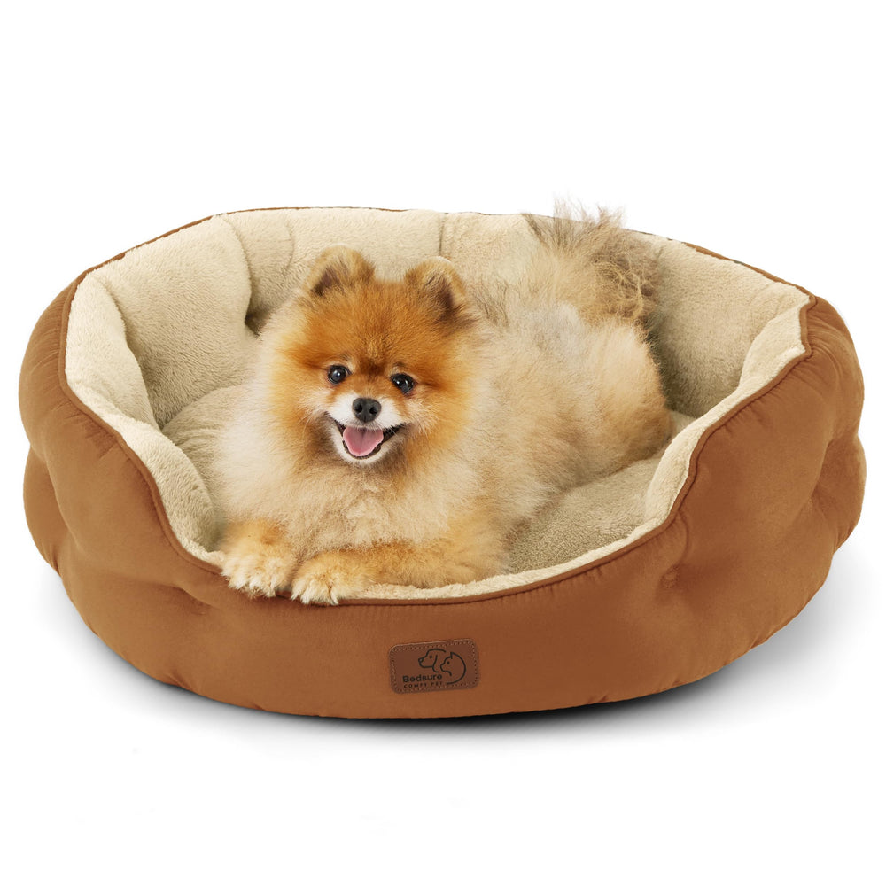 Bedsure 25in round dog bed terracotta for small dogs, cozy lounging.