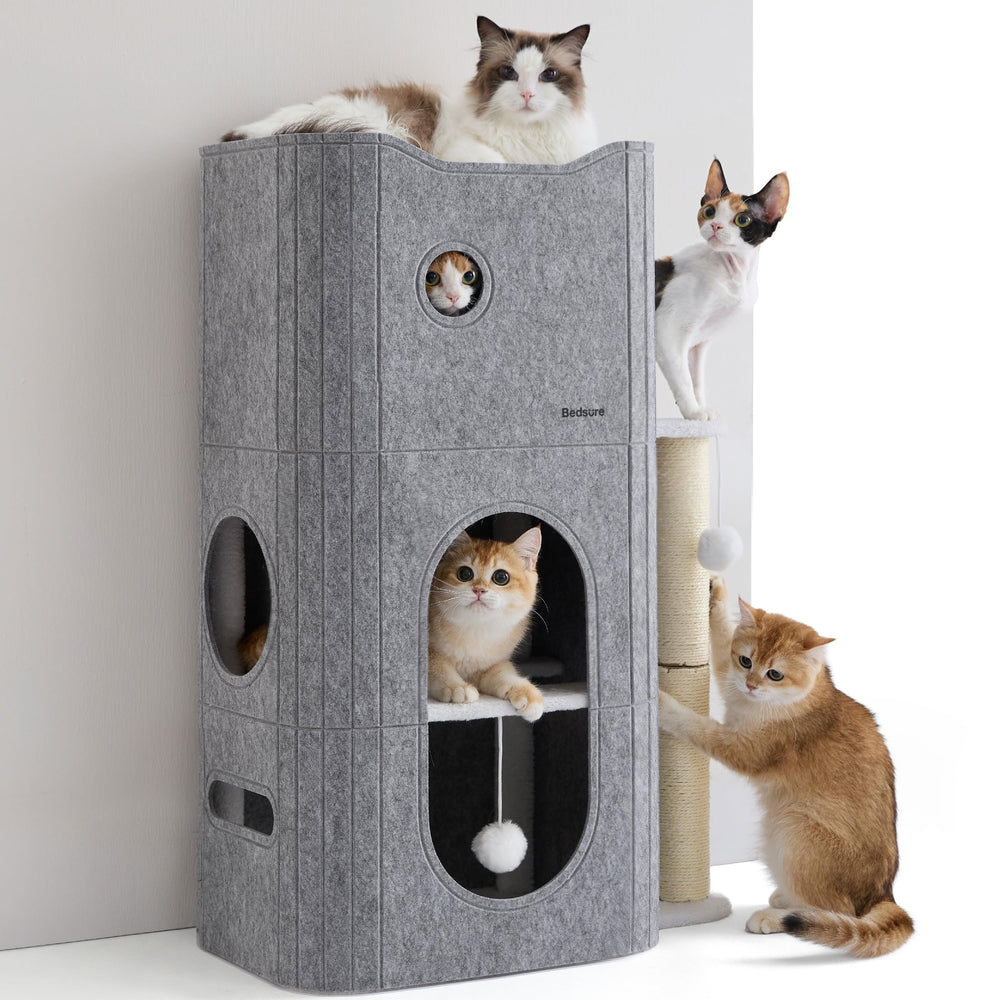 Bedsure 3-Level Cat Bed front view showcases sturdy multi-cat condo for shared lounging.