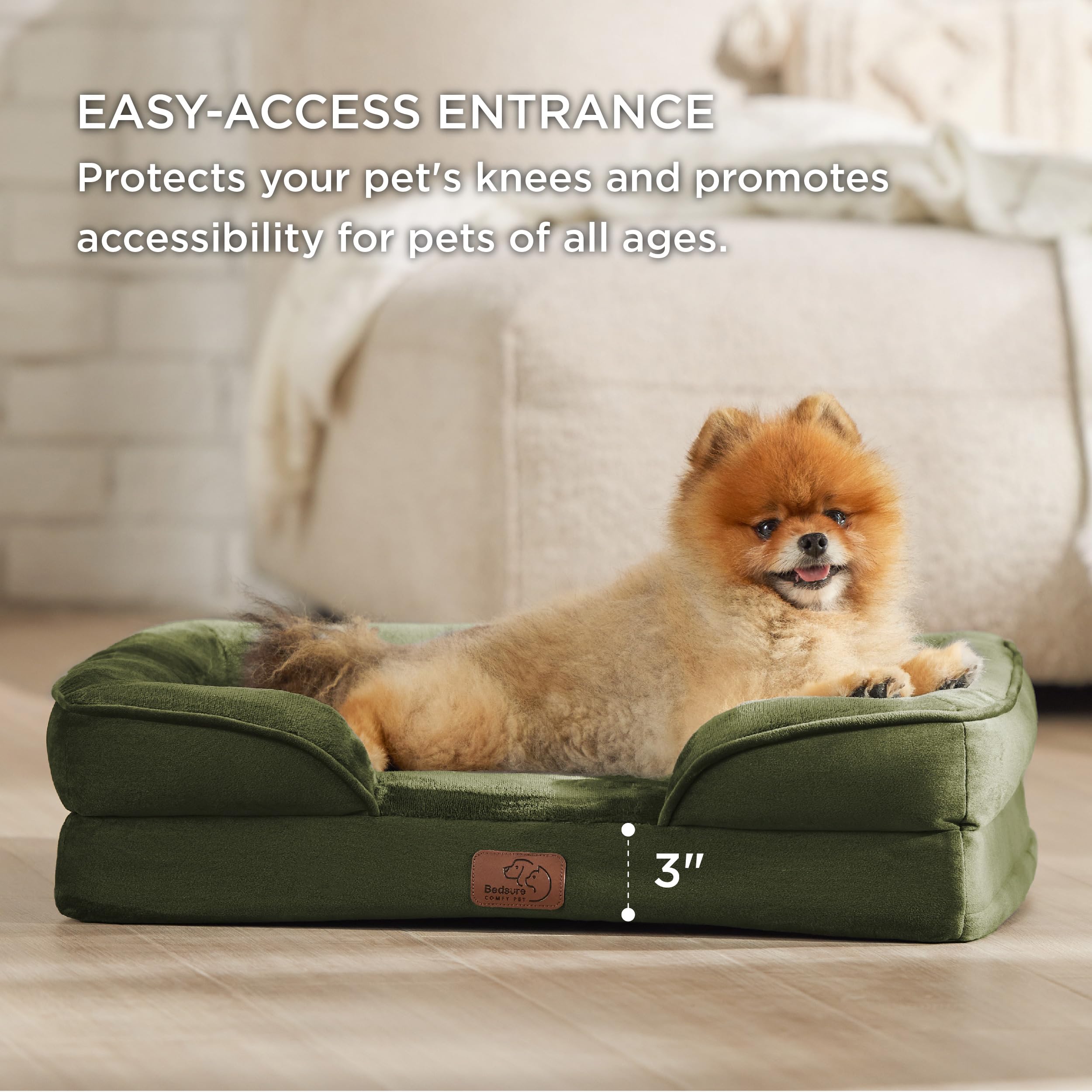 Bedsure bed in living room setup showcasing compact 24-inch size for small pets.