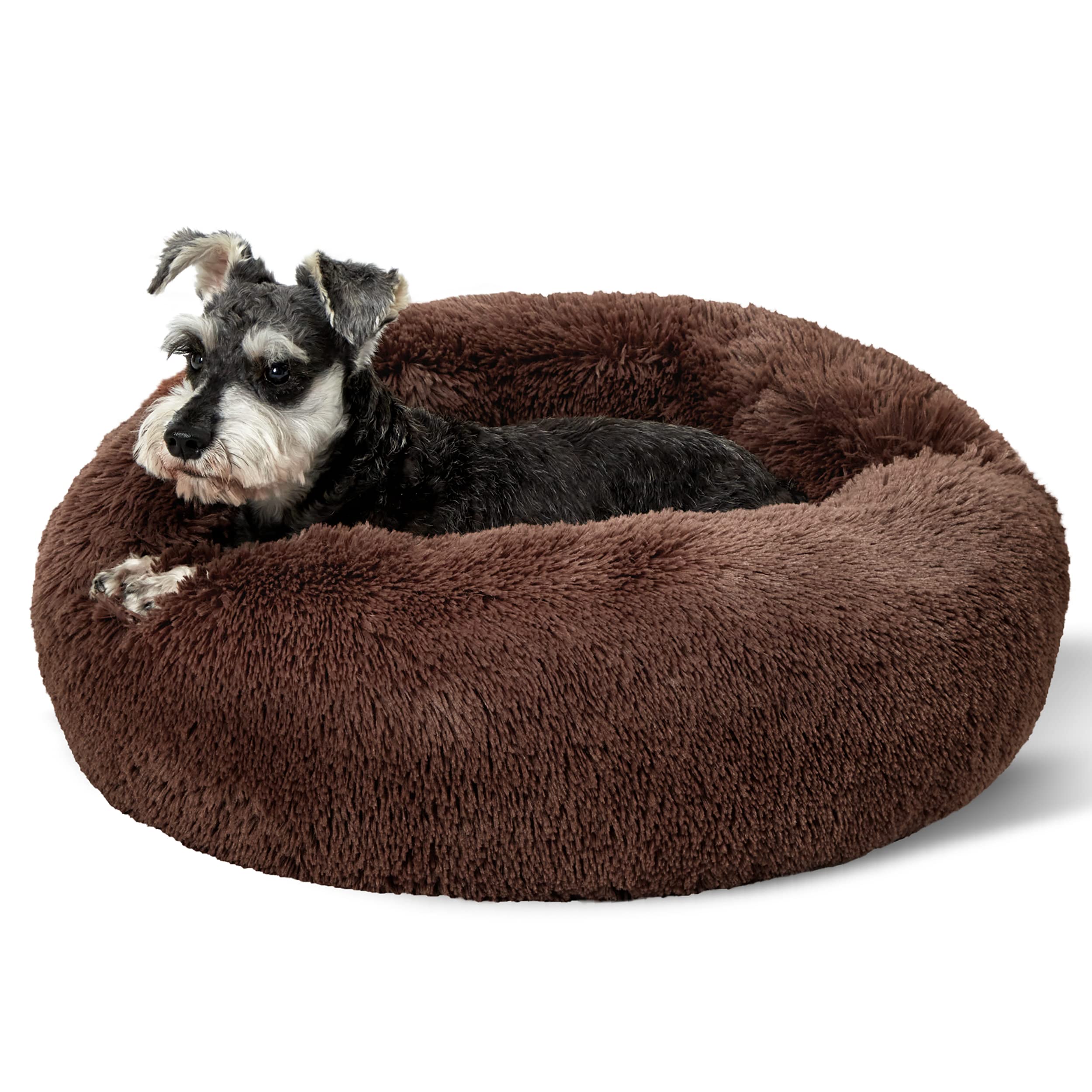Bedsure calming dog bed donut top view showing plush fur for cozy curling up.