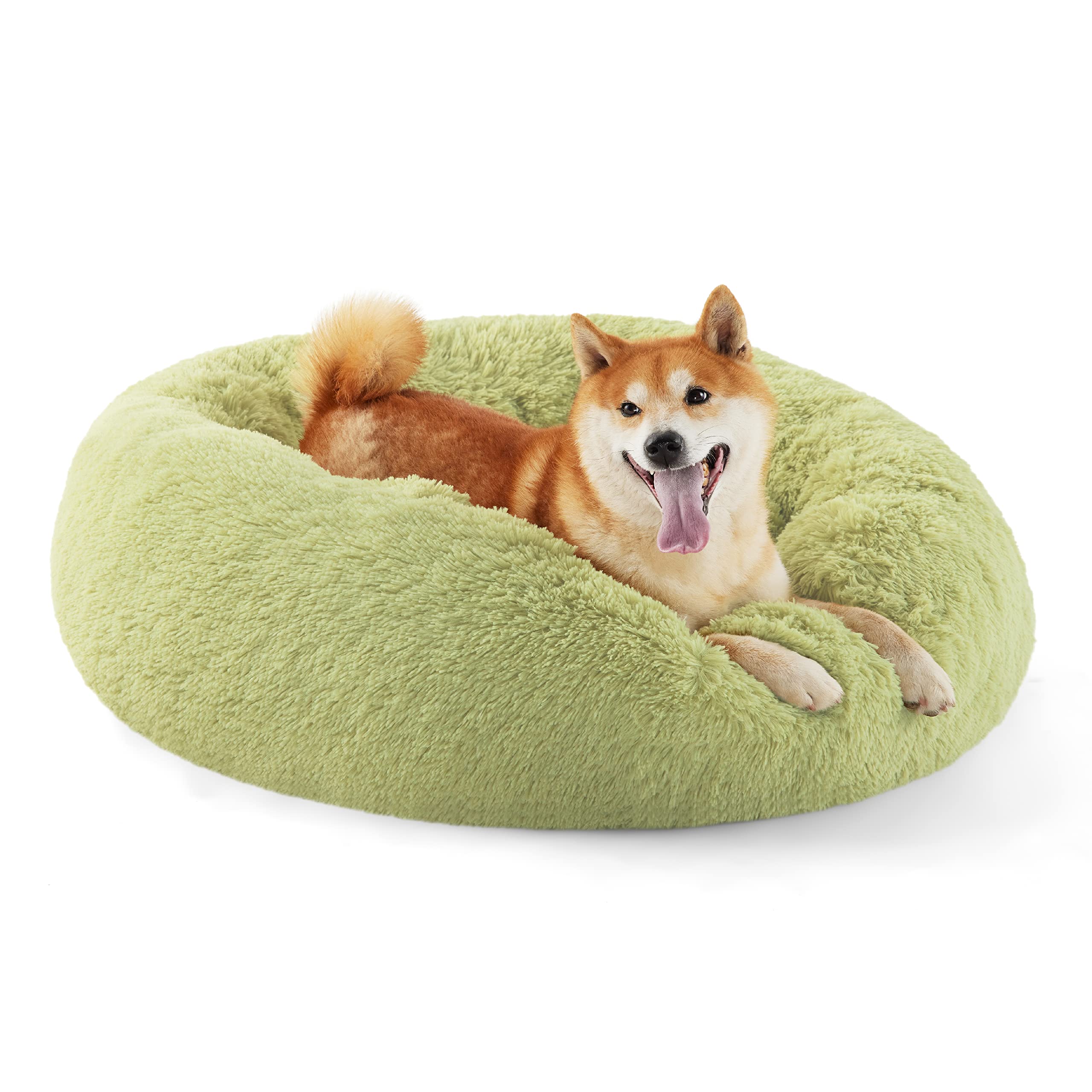 Bedsure calming donut dog bed green round front view highlights plush fur for curl-up comfort