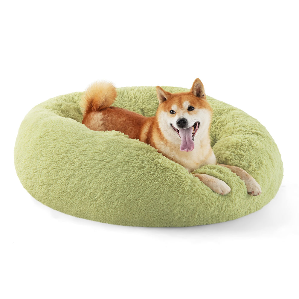 Bedsure calming donut dog bed green round front view highlights plush fur for curl-up comfort