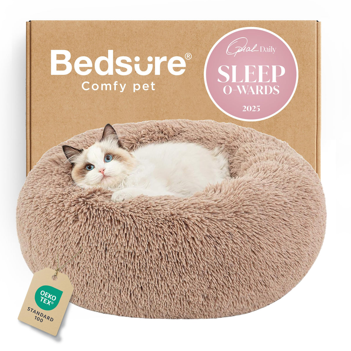 Bedsure calming cat bed round camel 20in for curl-up naps