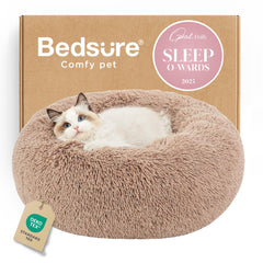 Bedsure calming cat bed round camel 20in for curl-up naps