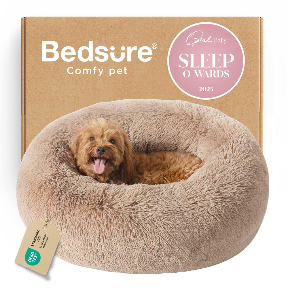 Bedsure calming dog bed camel round front showing plush faux fur for curl-up comfort
