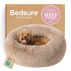 Bedsure calming dog bed camel round front showing plush faux fur for curl-up comfort
