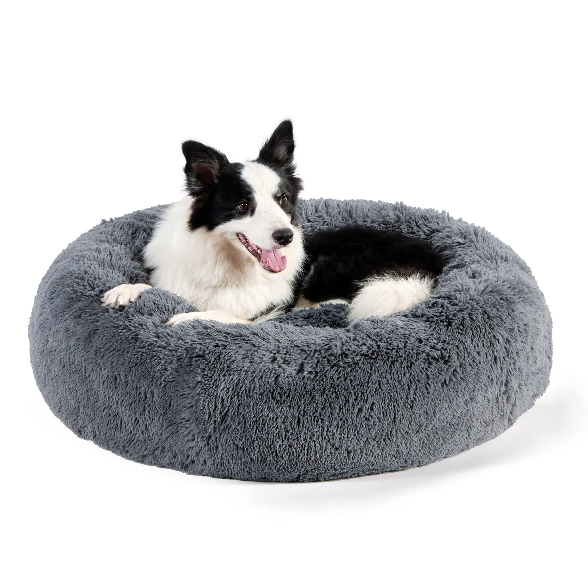 Bedsure calming dog bed donut-design delivers secure curl-up comfort for anxious pets.