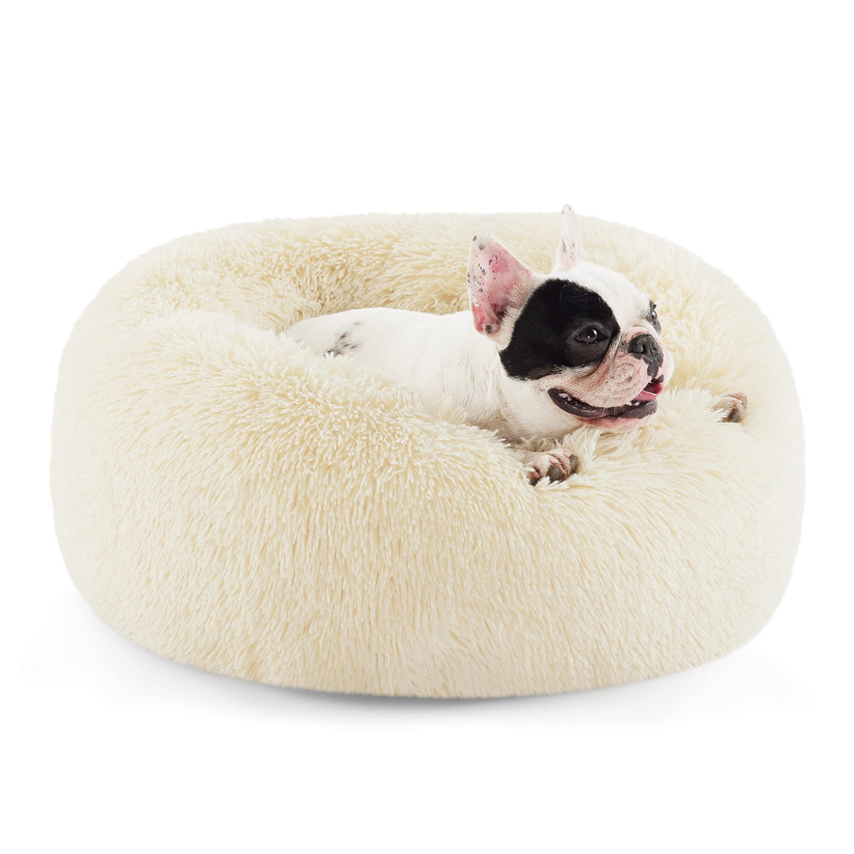 Bedsure calming dog bed donut ivory beige, round shape supports curling sleepers with plush comfort.
