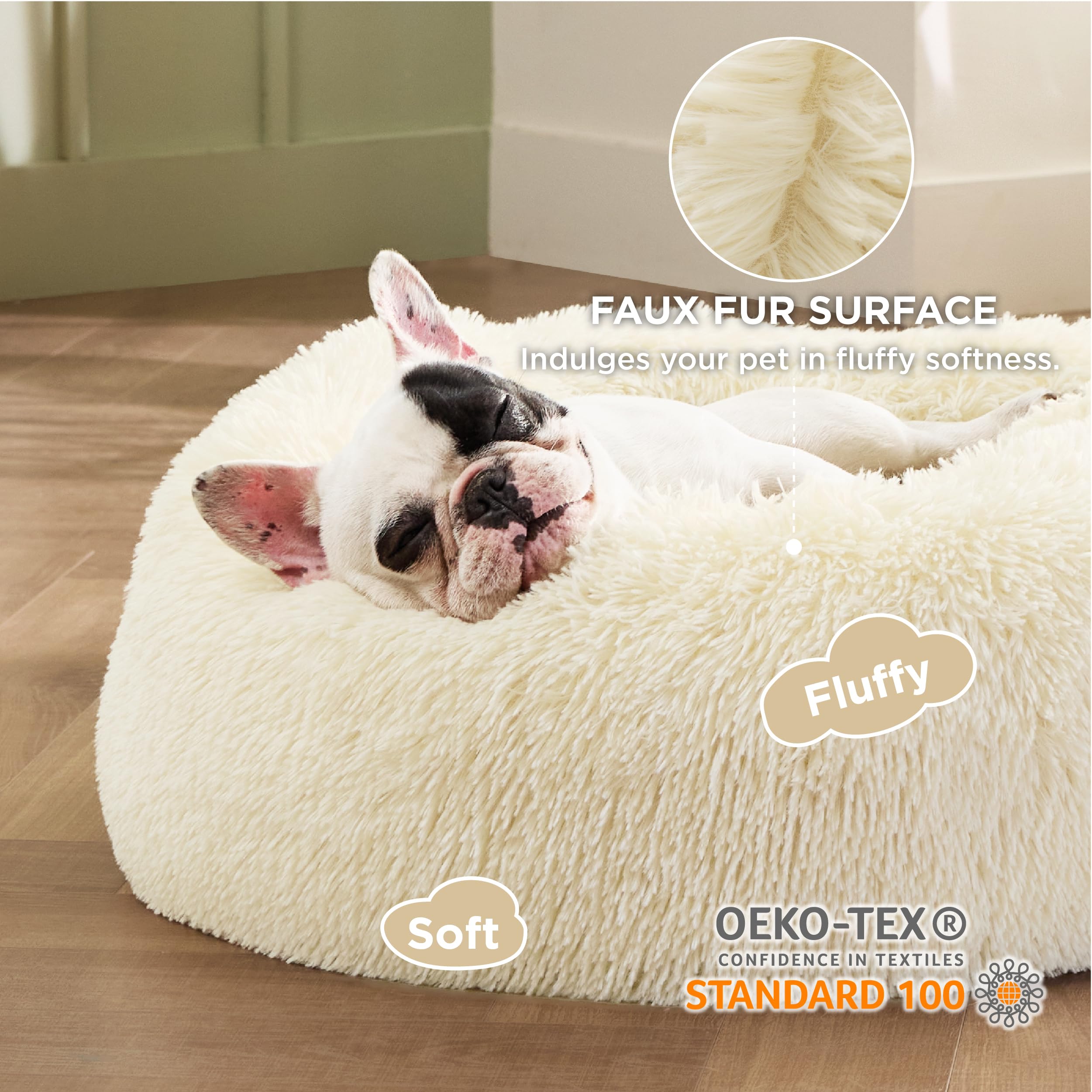 Bedsure calming dog bed raised edge closeup showing head and neck support.