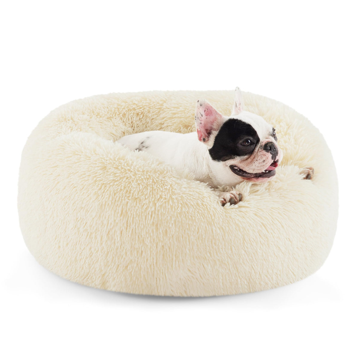 Bedsure calming dog bed donut round top view with plush fur for curling sleepers.