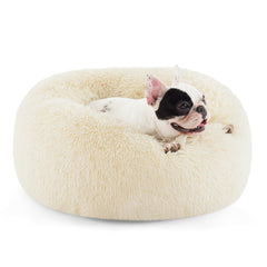 Bedsure calming dog bed donut round top view with plush fur for curling sleepers.