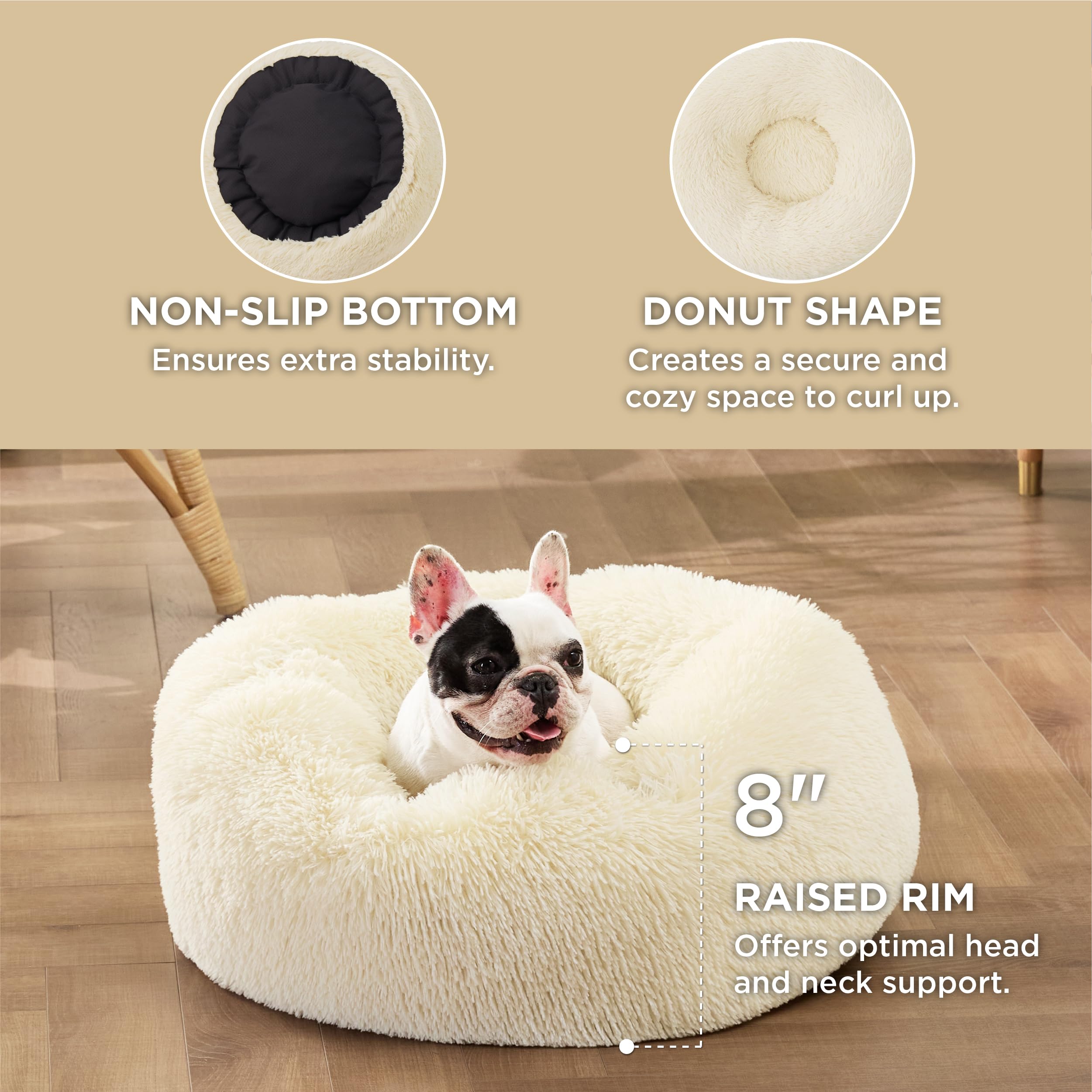 Bedsure calming dog bed non-slip base keeps bed stable on floors.