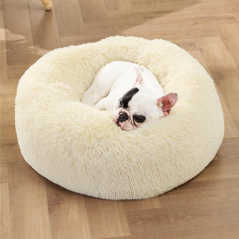 Bedsure calming dog bed plush fur closeup emphasizing soft texture.