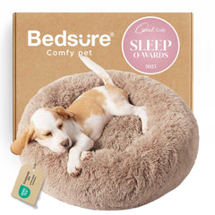 Bedsure calming dog bed round camel offers plush comfort for curl-up sleepers.